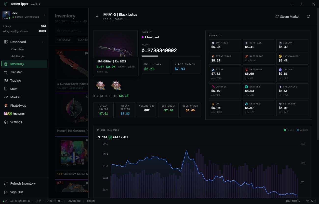 Inventory Manager item detail modal with float, stickers, wear, and pricing data.