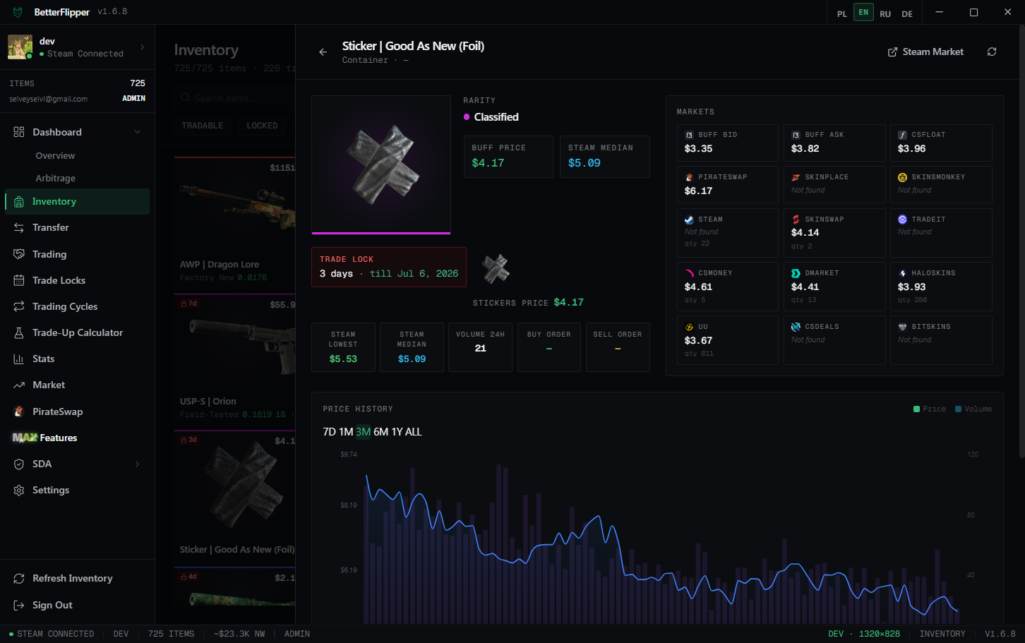 BetterFlipper item detail panel showing float, stickers, trade lock, price history, and prices across 14 markets.