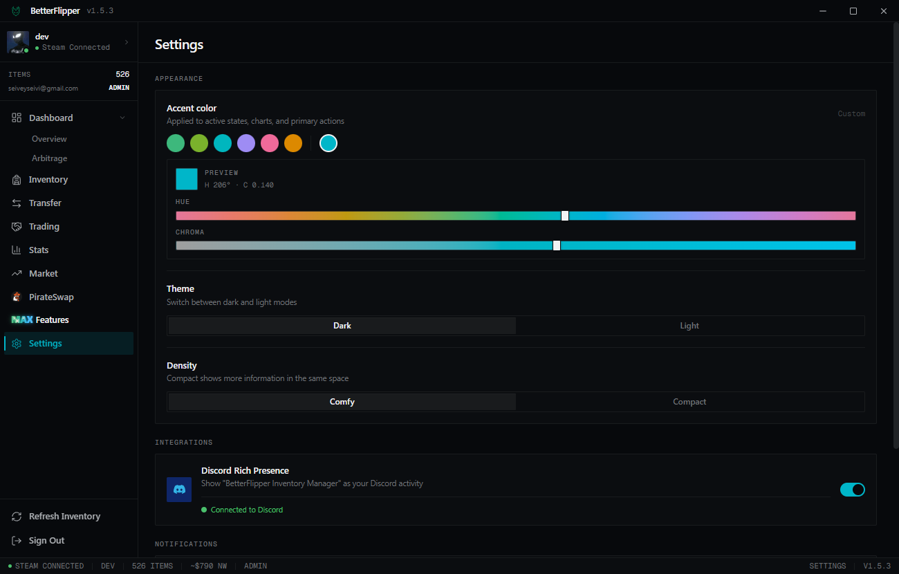 Inventory Manager settings screen with preferences, Discord RPC, and app configuration.