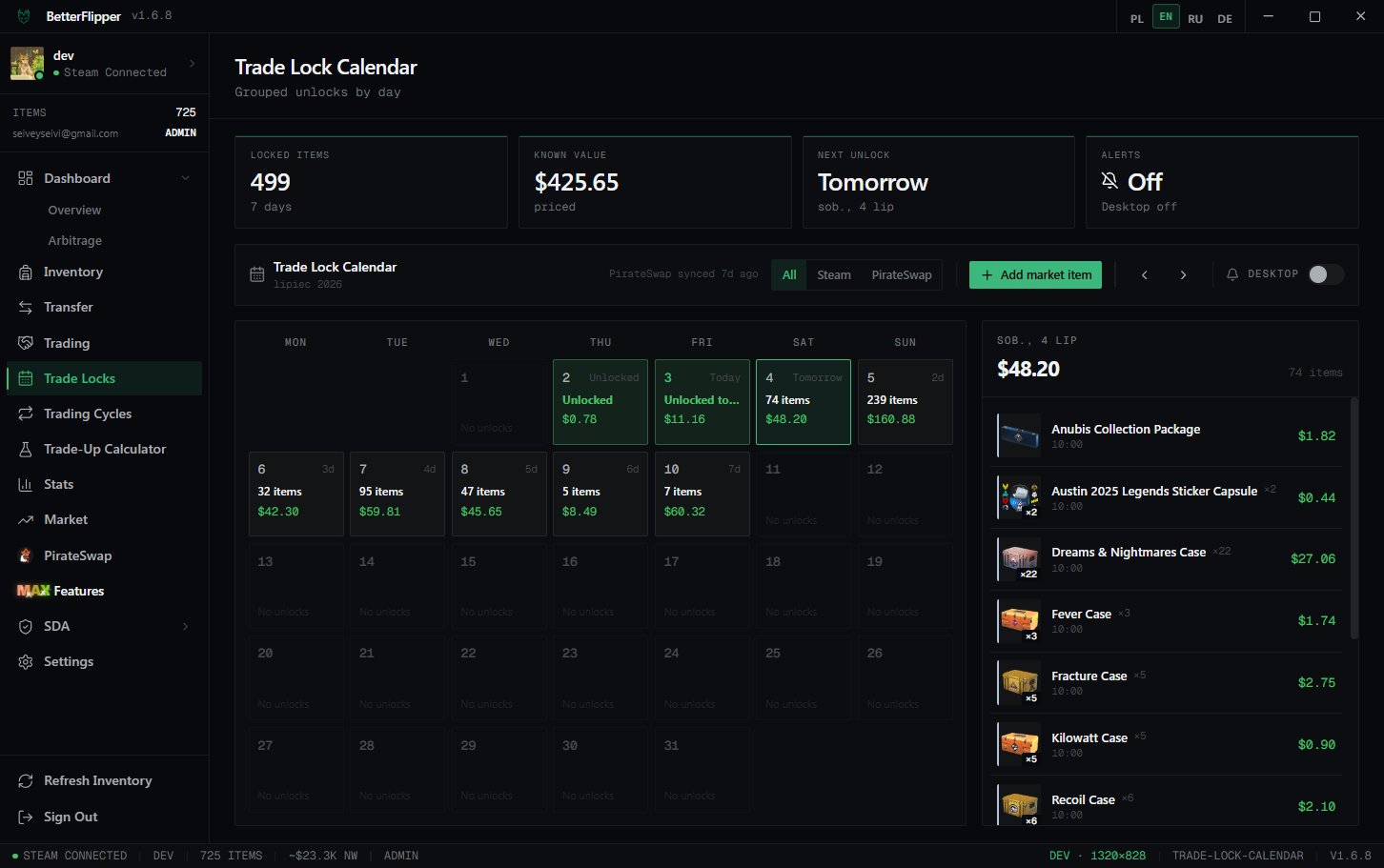 BetterFlipper trade-lock calendar grouping upcoming unlocks by day with value and desktop alerts.